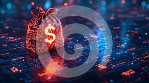Glowing Money Bag on Data Background photo