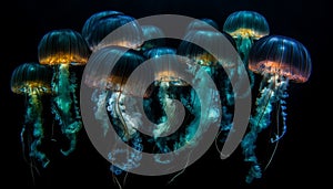 Glowing moon jellyfish levitate in deep sea motionless and fragile generated by AI