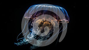 Glowing moon jellyfish swimming in deep, dark, translucent saltwater generated by AI