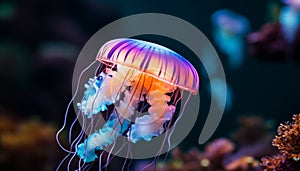 The glowing moon jellyfish swims gracefully in the deep sea generated by AI