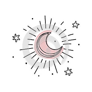 Glowing moon with stars, line astrology icon, elegant boho tattoo, tarot symbol, zodiac sign. Hand drawn illustration