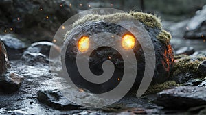 Glowing Moss Covered Rock Creature in Dark Forest