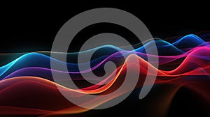 Glowing multicolored curve lines isolated on black background, cyberspace energy. Abstract pattern of colored neon waves of light