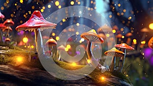 Glowing mushroom lamps with fireflies in magical forest. Generative AI