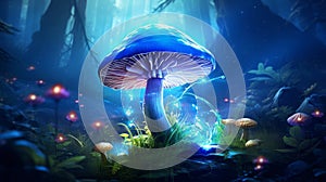 Glowing mushroom in wizard forest emits mystical light, creating a magical and captivating scene