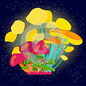 Glowing mushrooms on a dark background. Composition of many bright fairy or space mushrooms in a cartoon style.