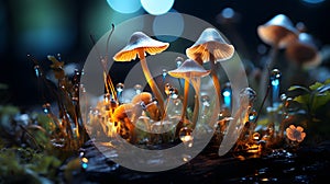 Glowing mushrooms in an enchanted night forest.