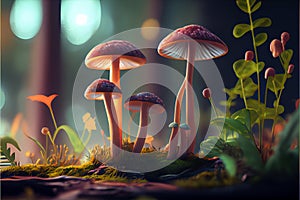 Glowing mushrooms in a fairy forest. The magic world of mushrooms.