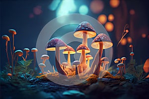 Glowing mushrooms in a fairy forest. The magic world of mushrooms