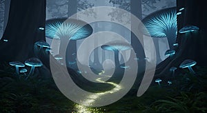 Glowing mushrooms illuminate a winding magical forest path