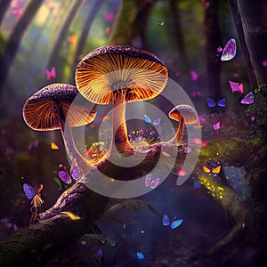 Glowing mushrooms in a magical forest