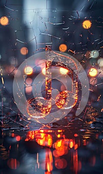 Glowing music note made from broken and shattered glass on beautiful defocused bokeh background