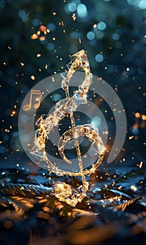 Glowing music note made from broken and shattered glass on beautiful defocused bokeh background