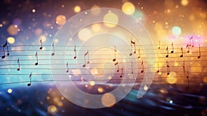 Glowing music sheets notes on beautiful lights bokeh background