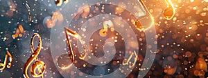 Glowing music sheets notes on beautiful lights bokeh background