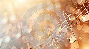 Glowing music sheets notes on beautiful lights bokeh background