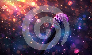 Glowing music sheets notes on beautiful lights bokeh background with microphone