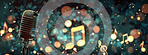 Glowing music sheets notes on beautiful lights bokeh background with microphone