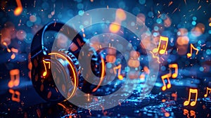 Glowing music sheets notes with headphones on beautiful lights bokeh background