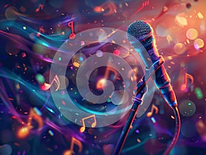 Glowing music sheets notes with microphone on beautiful lights bokeh background