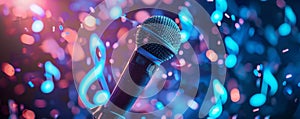 Glowing music sheets notes with microphone on beautiful lights bokeh background