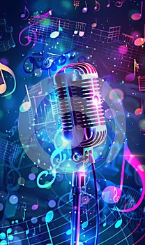 Glowing music sheets notes with microphone on beautiful lights bokeh background