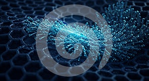 Glowing nanobot on a dark hexagonal surface