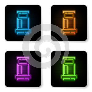 Glowing neon Aeropress coffee method icon isolated on white background. Device for brewing coffee. Black square button
