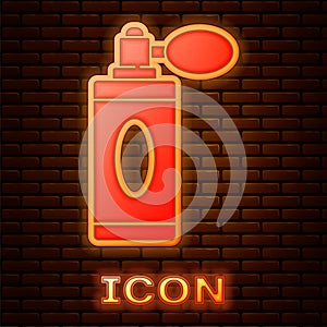 Glowing neon Aftershave bottle with atomizer icon isolated on brick wall background. Cologne spray icon. Male perfume