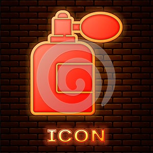 Glowing neon Aftershave bottle with atomizer icon isolated on brick wall background. Cologne spray icon. Male perfume