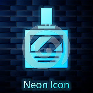 Glowing neon Aftershave icon isolated on brick wall background. Cologne spray icon. Male perfume bottle. Vector