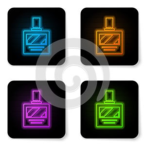 Glowing neon Aftershave icon isolated on white background. Cologne spray icon. Male perfume bottle. Black square button
