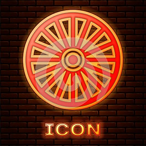 Glowing neon Alloy wheel for a car icon isolated on brick wall background. Vector