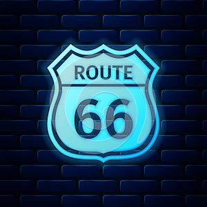 Glowing neon American road icon isolated on brick wall background. Route sixty six road sign. Vector