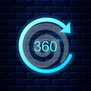 Glowing neon Angle 360 degrees icon isolated on brick wall background. Rotation of 360 degrees. Geometry math symbol