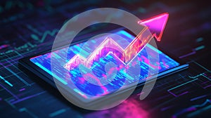 Glowing Neon Arrow on Tablet Displaying Rising Data Chart