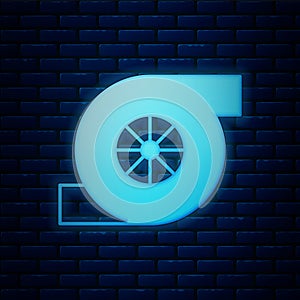 Glowing neon Automotive turbocharger icon isolated on brick wall background. Vehicle performance turbo. Turbo compressor