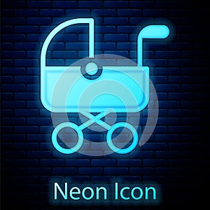 Glowing neon Baby stroller icon isolated on brick wall background. Baby carriage, buggy, pram, stroller, wheel. Vector