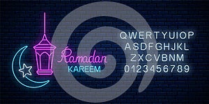 Glowing neon banner of ramadan islamic holy month with alphabet. Ramadan kareem greeting text with fanus lantern