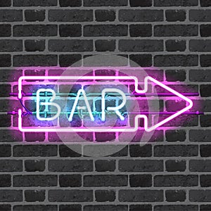 Glowing neon bar sign with direction arrow