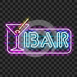 Glowing neon bar sign with martini glass