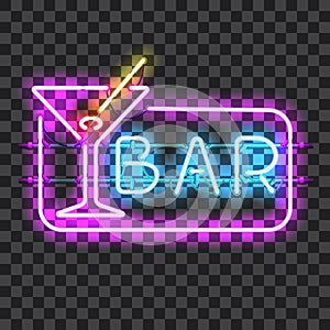 Glowing neon bar sign with martini glass