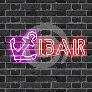 Glowing neon bar sign with purple anchor