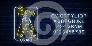 Glowing neon beer craft signboard with glass of beer and bottle with alphabet. Luminous advertising sign