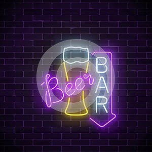 Glowing neon beer pub signboard with arrow on dark brick wall background. Luminous advertising sign of bar.