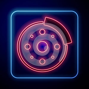 Glowing neon Bicycle brake disc icon isolated on black background. Vector