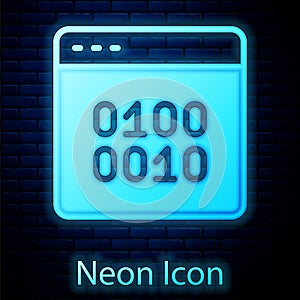 Glowing neon Binary code icon isolated on brick wall background. Vector