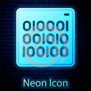 Glowing neon Binary code icon isolated on brick wall background. Vector