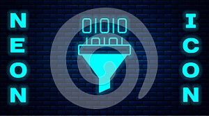 Glowing neon Binary code icon isolated on brick wall background. Vector