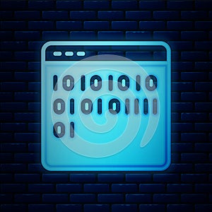 Glowing neon Binary code icon isolated on brick wall background. Vector
